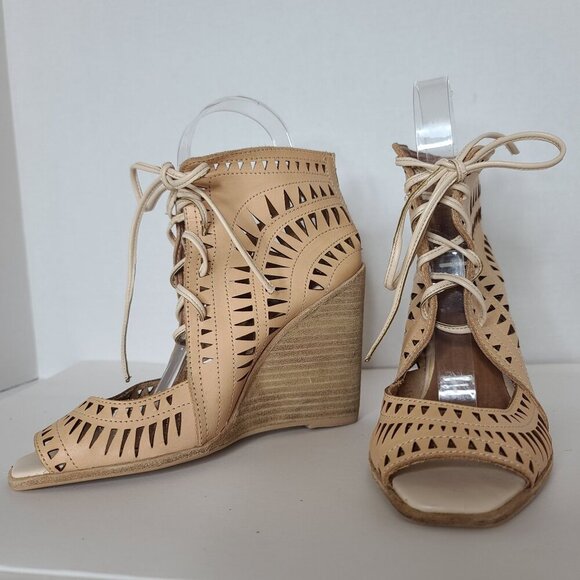 Jeffrey Campbell Rodillo Wedge Cut Out Lace Front Peeptoe Shoe Cream Leather 8 - Picture 4 of 9